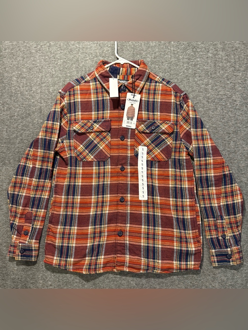 Buffalo Shacket Flannel Shirt Jacket Mens S Orange Plaid Button Up Heavy Cotton